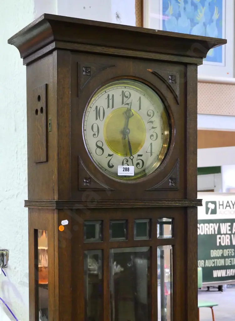 Art Nouveau oak long cased clock with bevelled edged glass inserts H-2060 W-420 D-240 (broken suspension spring) Image 1++