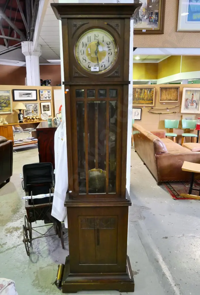 Art Nouveau oak long cased clock with bevelled edged glass inserts H-2060 W-420 D-240 (broken suspension spring) Image 1++