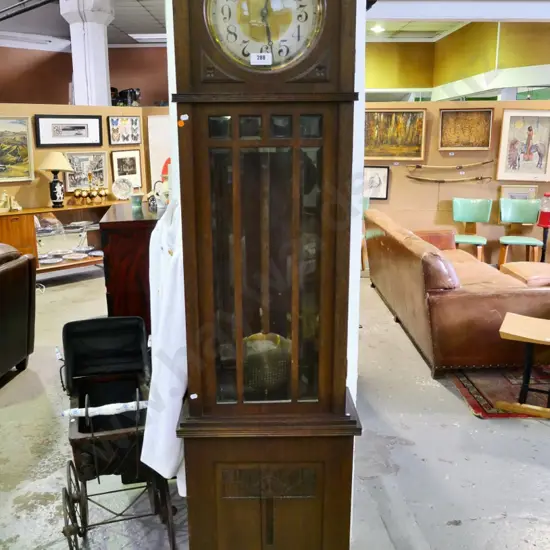 Art Nouveau oak long cased clock with bevelled edged glass inserts H-2060 W-420 D-240 (broken suspension spring)
