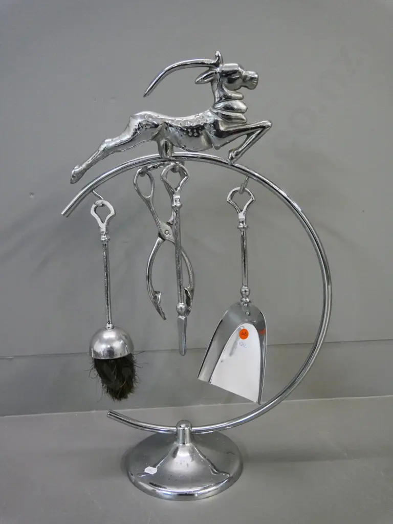 chrome fireside set with leaping gazelle figure - some pitting, brush poor condition, gazelle a bit loose H-540 Image 1++