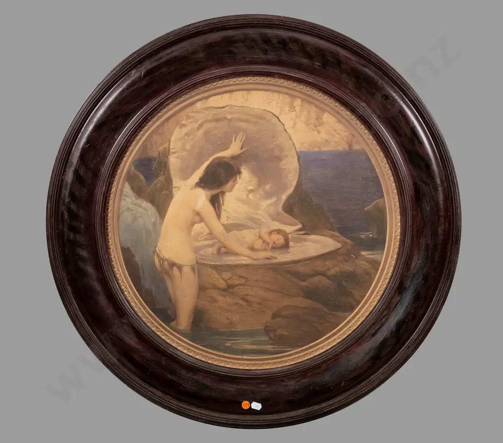 circular framed print - sleeping baby (framed needs attention -edges need varnish,  some age damage to print) Diam-490 Image 1++