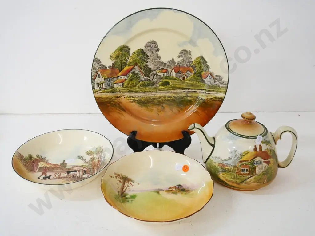 4 pieces Royal Doulton Countryside ware - 2 soup bowls, dinner plate D-260 and teapot Image 1++