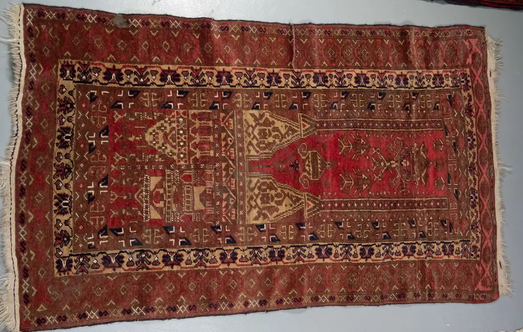 small Persian style hand knotted wool floor rug - reds and browns - areas of wear L-1300 W-790 Image 1++