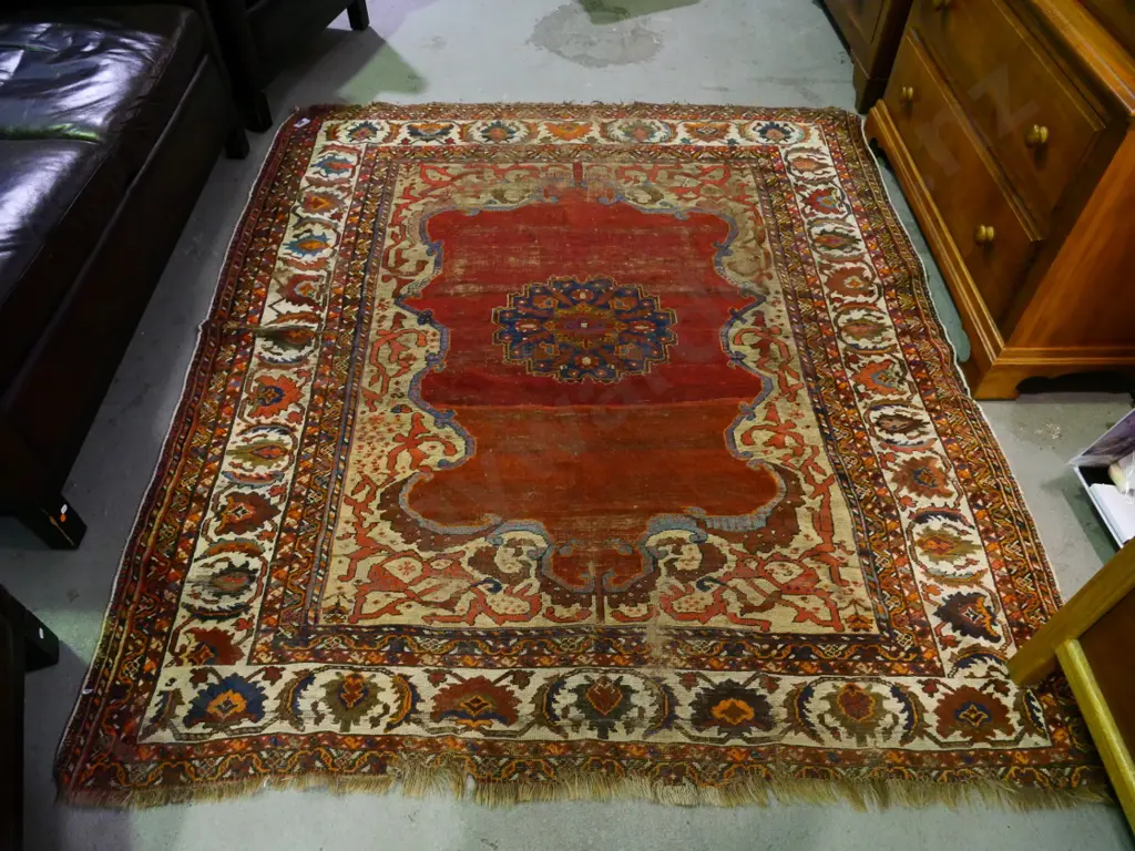 hand-woven Turkish Ushak region wool floor rug (late 19th C, has wear) L1900 W1640 Image 1++