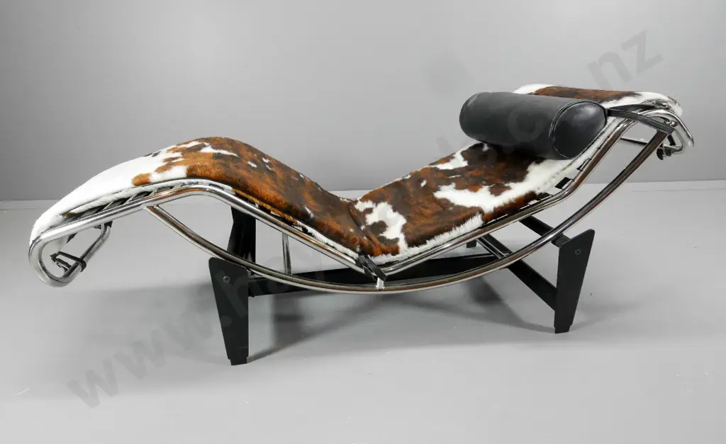 Le Corbusier style chaise longue with chrome frame, black metal base, cowhide and leather upholstery H620 L1620 W520 Image 1++