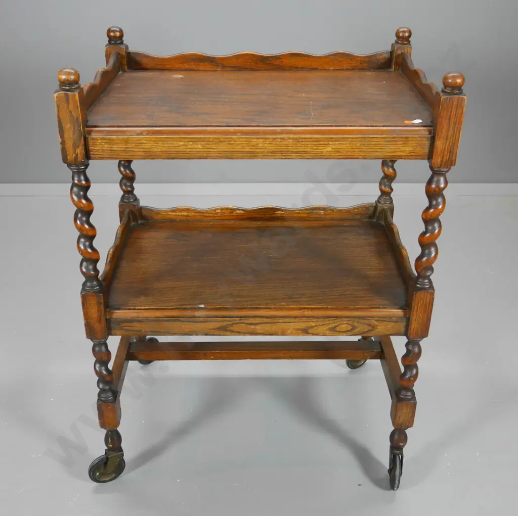 deco oak 2-tier tea trolley with barley twist legs, original casters - polish needs attention H-830 L-610 W-410 Image 1++