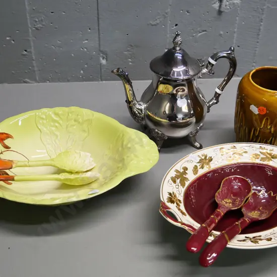 Wade Rubytone salad bowl & servers, Carlton crayfish bowl, one server damaged, vase marked 2094, plated teapot