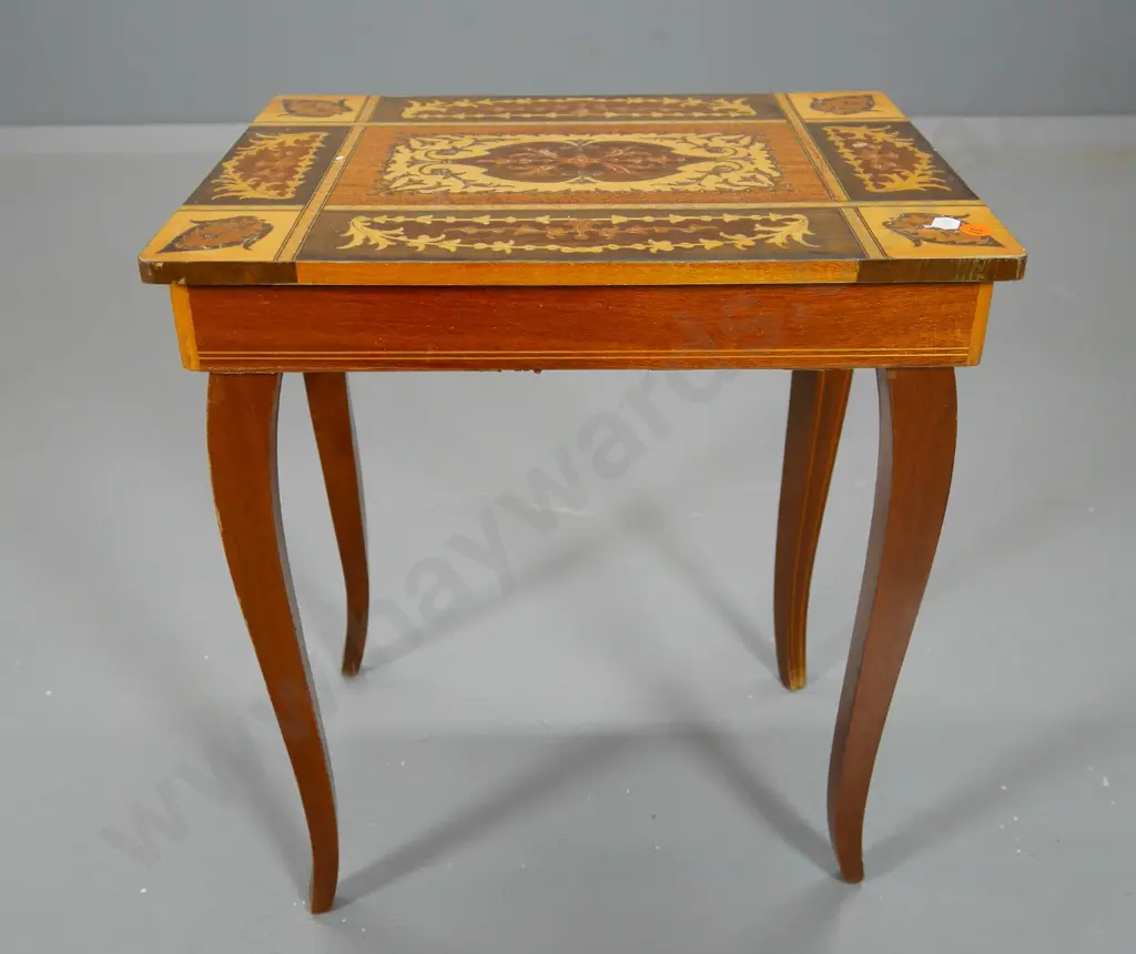 small Sorrento style mixed timber inlay musical jewellery box / table - wobbly legs, some damage on top H430 W370 D270 Image 1++