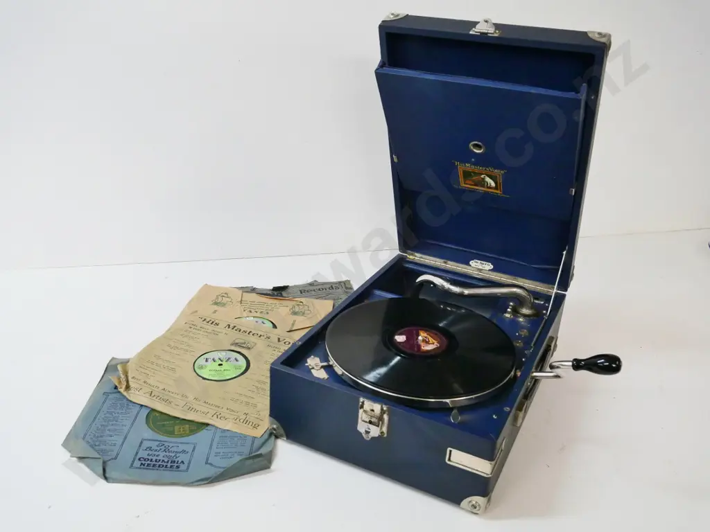 Restorer's portable His Master's Voice wind-up gramophone - case and parts in vg condition, mechanisms needs work Image 1++