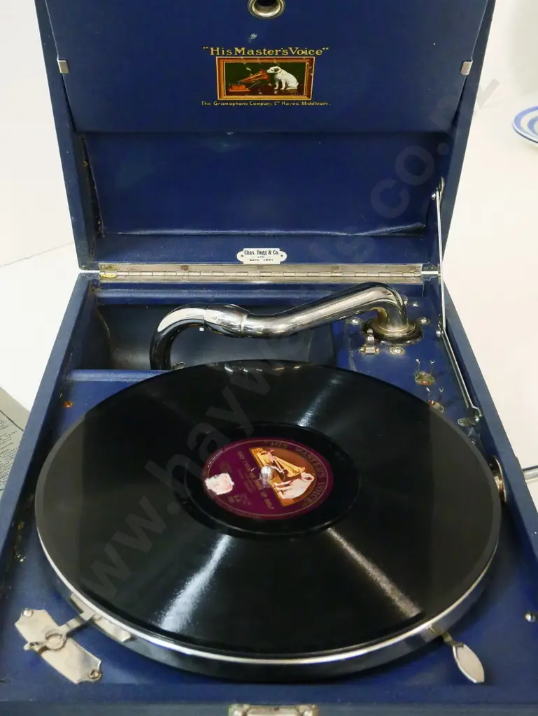 Restorer's portable His Master's Voice wind-up gramophone - case and parts in vg condition, mechanisms needs work Image 1++
