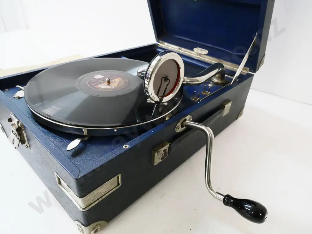 Restorer's portable His Master's Voice wind-up gramophone - case and parts in vg condition, mechanisms needs work Image 1++