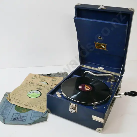 Restorer's portable His Master's Voice wind-up gramophone - case and parts in vg condition, mechanisms needs work