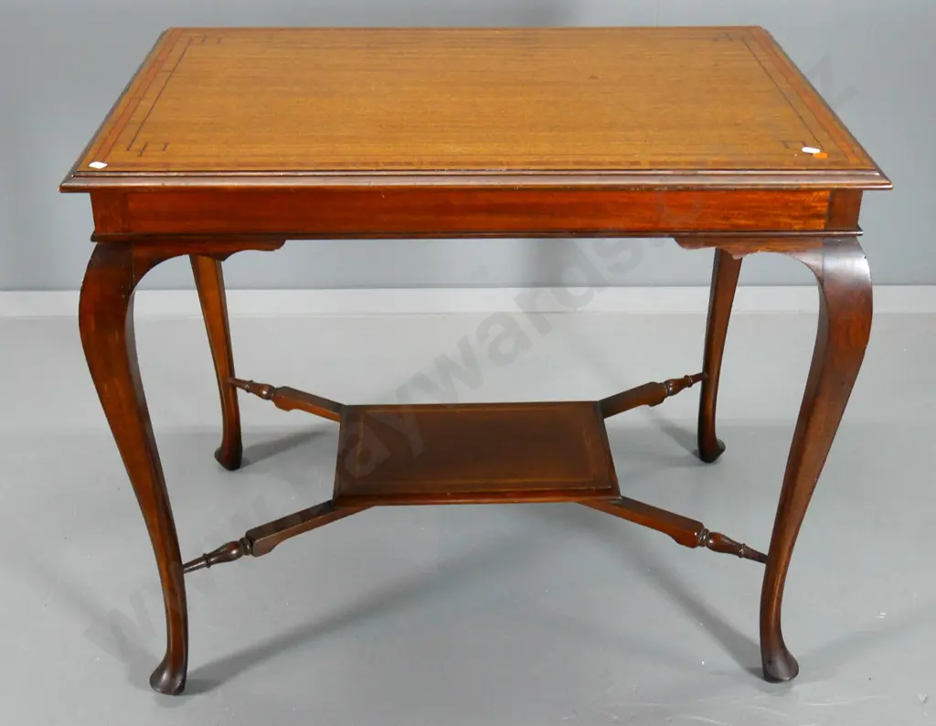 vintage mixed timber cab-leg hall table with marquetry borders H-710 W-820 D-550 Image 1++