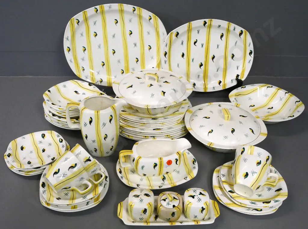 mid-century Midwinter china 6-place dinner set - missing 2 cups & 1 entree plate, stains to condiment Image 1++
