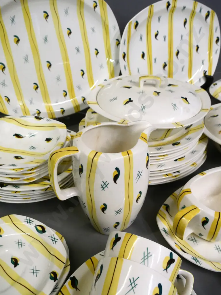 mid-century Midwinter china 6-place dinner set - missing 2 cups & 1 entree plate, stains to condiment Image 1++