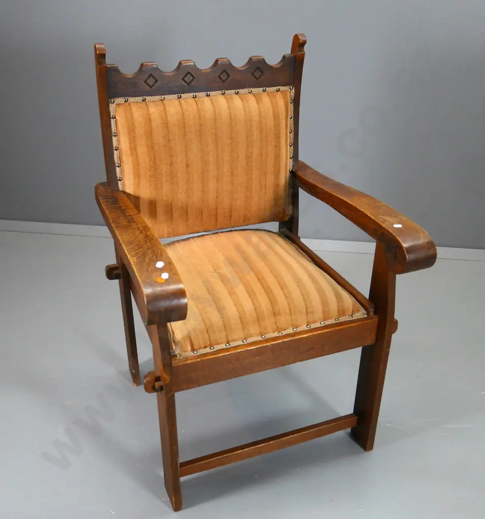 Tudor style oak-framed armchair with velvet upholstered seat & back, some loose trim H-990 W-530 D-640 Image 1++