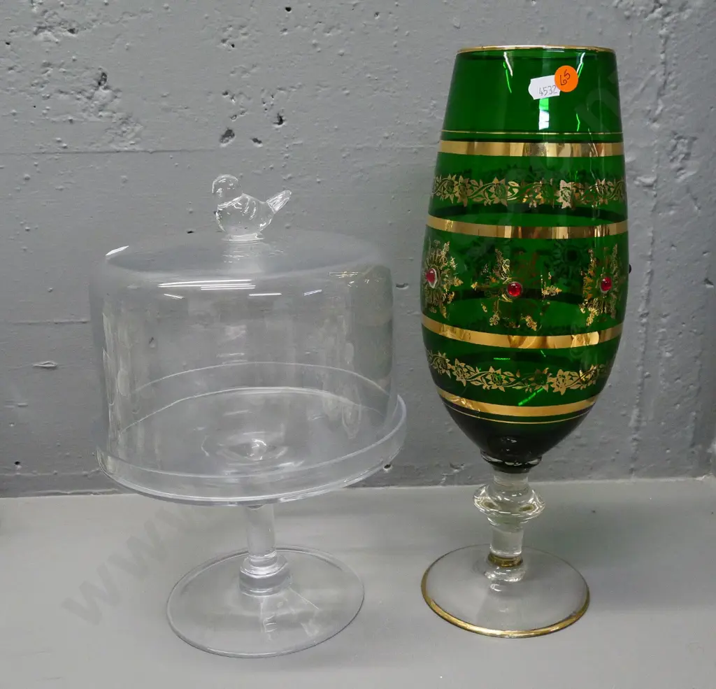 large green Venetian style glass goblet H-370 and a small glass cake stand with bird knob Image 1++