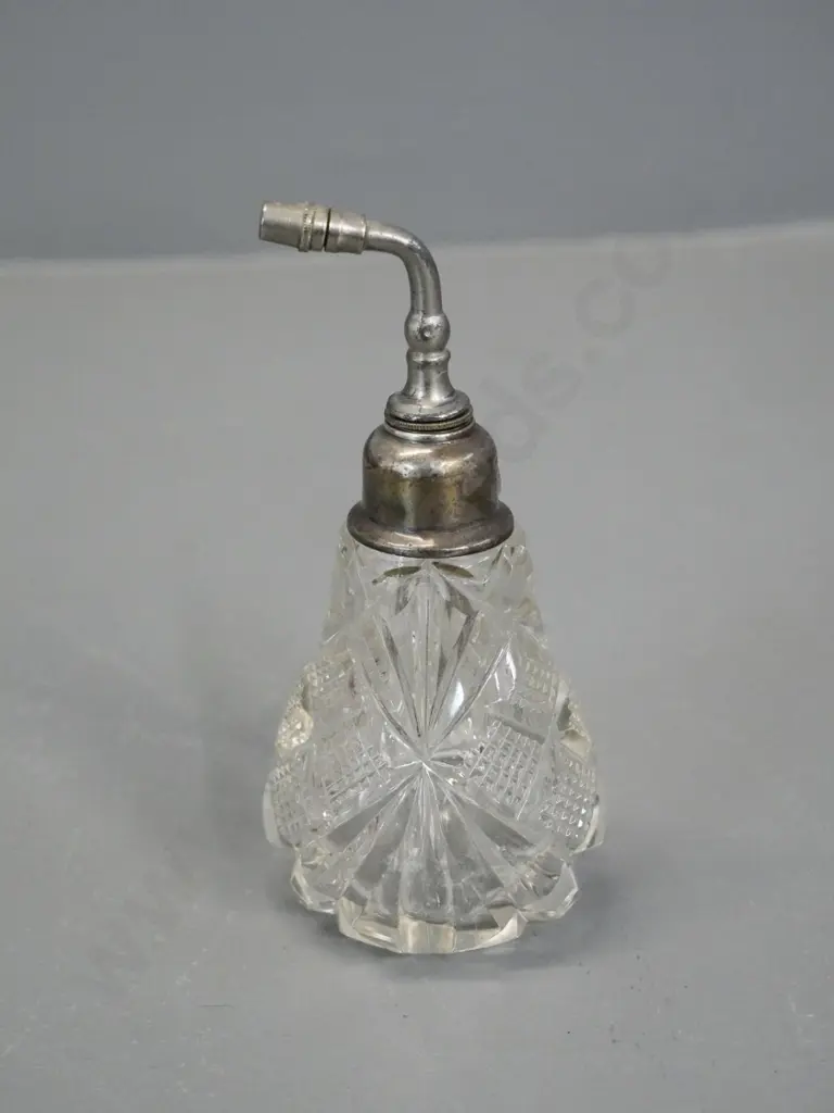 depression glass perfume bottle with somewhat loose sterling silver atomiser top H-130 Image 1++