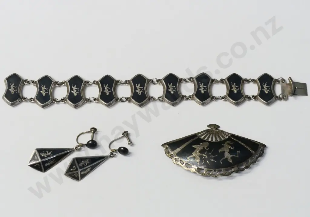 silver & black bracelet, brooch & earring set stamped sterling made in Siam Image 1++