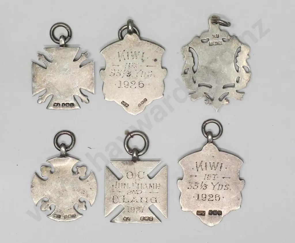 6 various medals -2 Kiwi 1st 331/3 yards 1925 & 1926, O C junior champs 1927 3 unmarked Image 1++