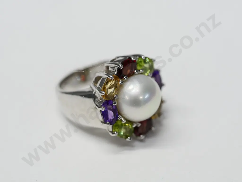 silver pearl & multi coloured stone ring stamped 925 Image 1++