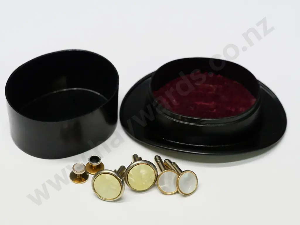 2 pairs of cufflinks & missed match pair in small hat container 'Stratton made in England' Image 1++