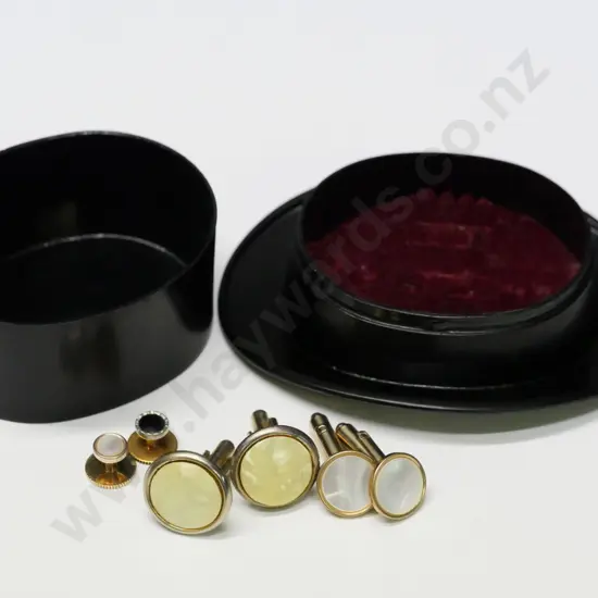 2 pairs of cufflinks & missed match pair in small hat container 'Stratton made in England'