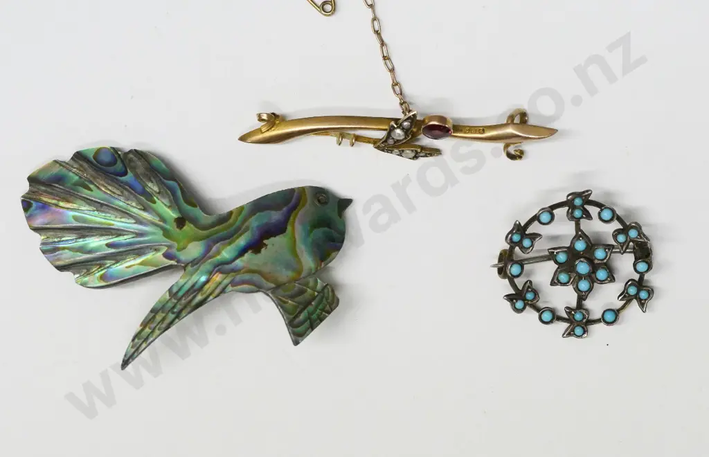 9ct seed pearl/garnet bar brooch with safety chain, turquoise brooch & paua shell bird brooch catch broken Image 1++