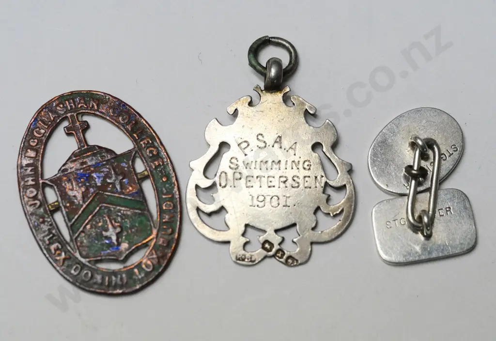 John McGlashan College medal, swimming medal 1901 & 1 silver cufflink Royal crown 1837-97 Image 1++