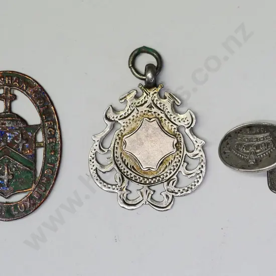 John McGlashan College medal, swimming medal 1901 & 1 silver cufflink Royal crown 1837-97