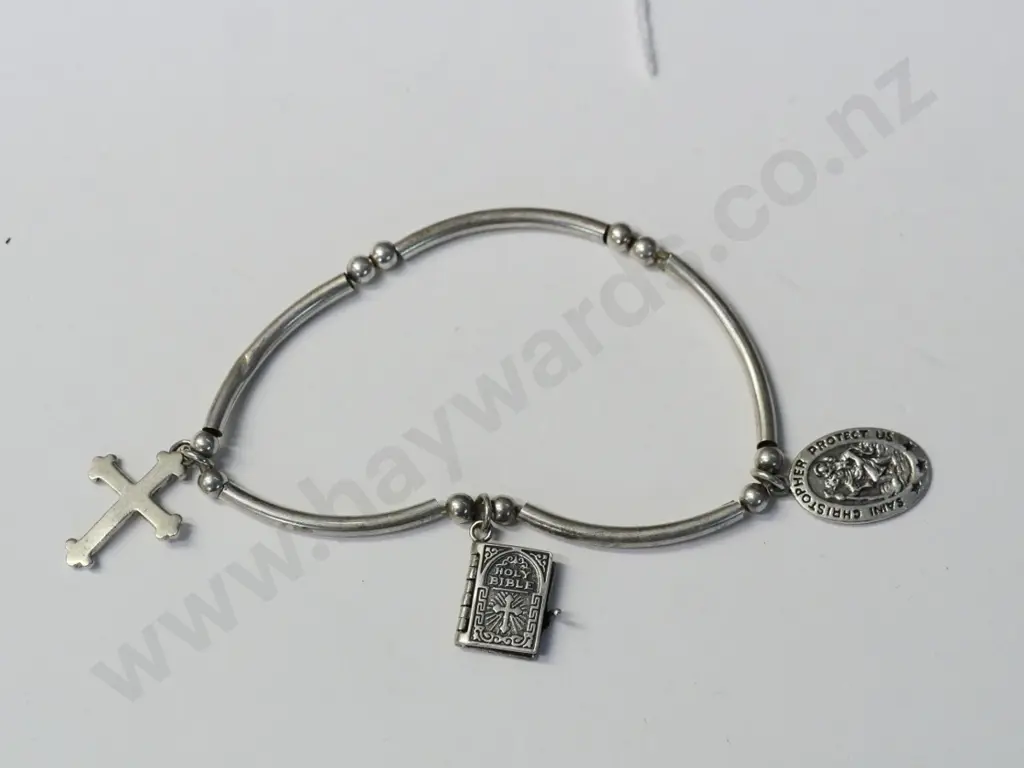 silver bracelet with St Christopers medal, bible & cross stamped 925 Image 1++