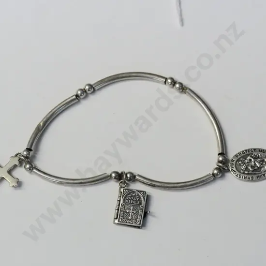 silver bracelet with St Christopers medal, bible & cross stamped 925