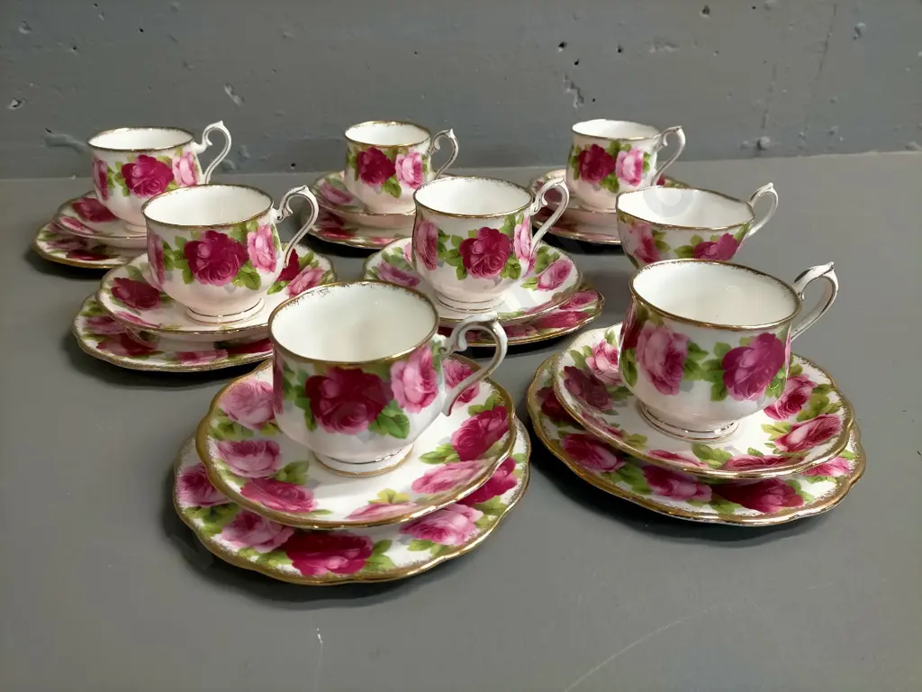 7x Royal Albert Old English Rose trios and a spare cup Image 1++