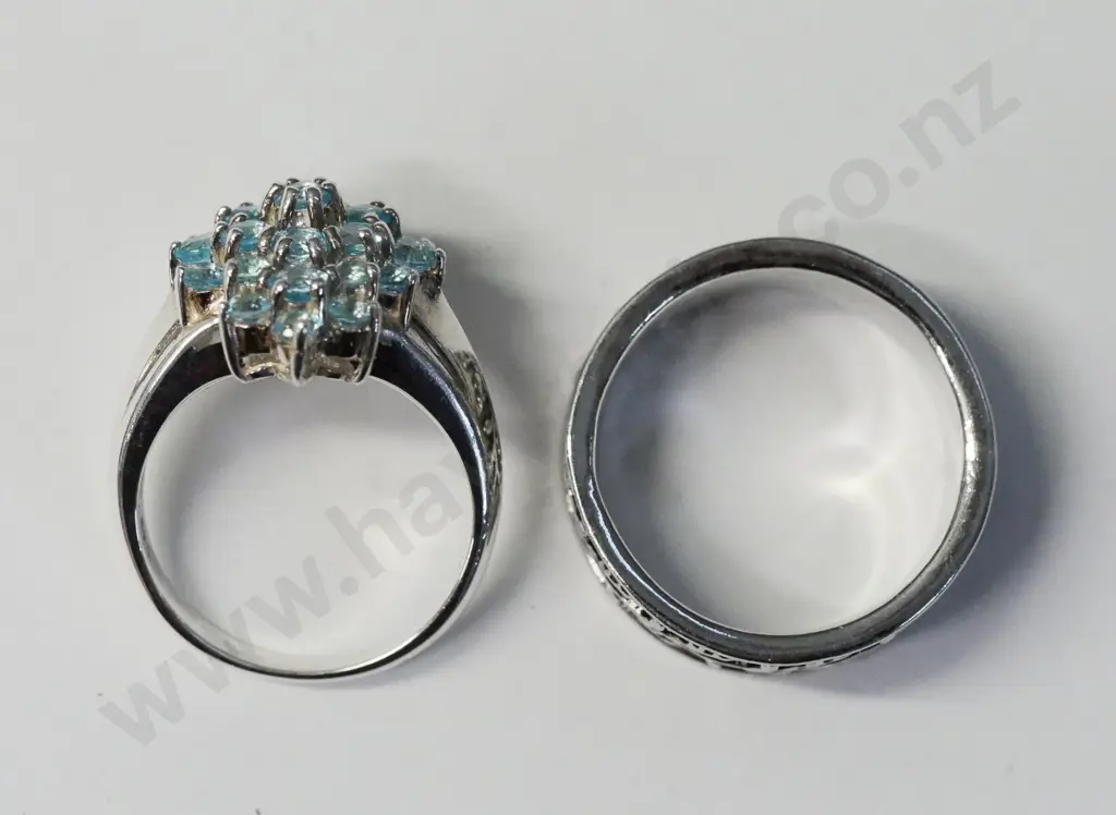 silver aquamarine dress ring stamped 925 & silver ring with leaf design no marks Image 1++