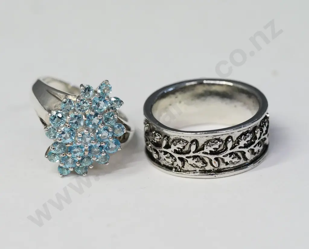 silver aquamarine dress ring stamped 925 & silver ring with leaf design no marks Image 1++