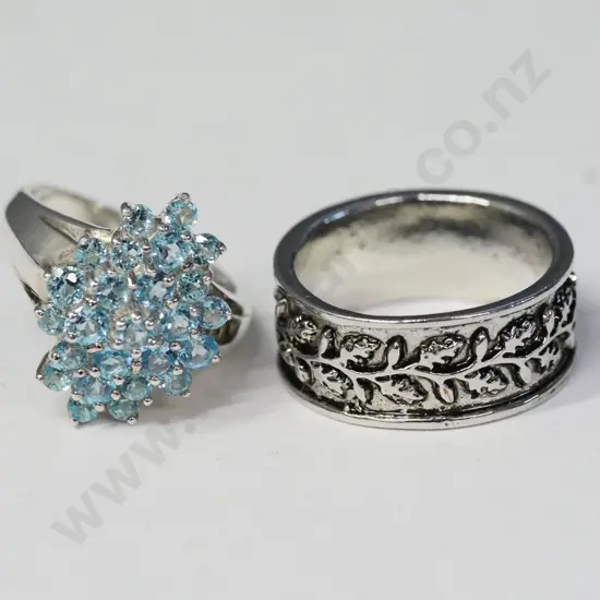 silver aquamarine dress ring stamped 925 & silver ring with leaf design no marks