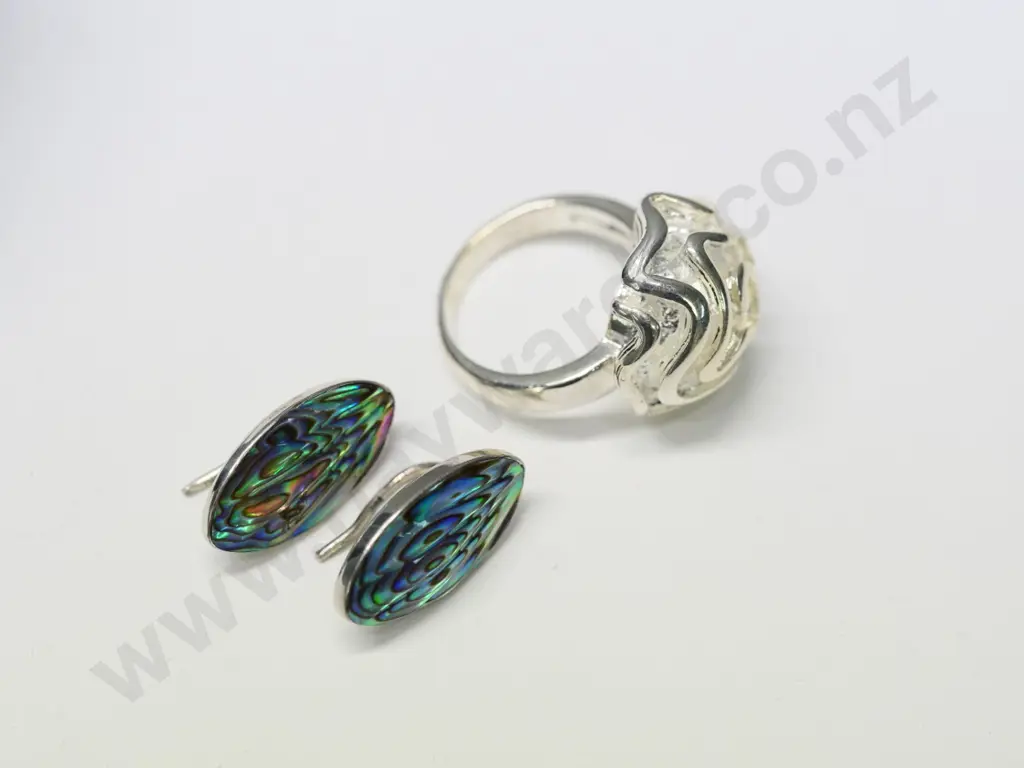 silver ring stamped 925 & pair of paua shell/silver earrings stamped stgsil Image 1++