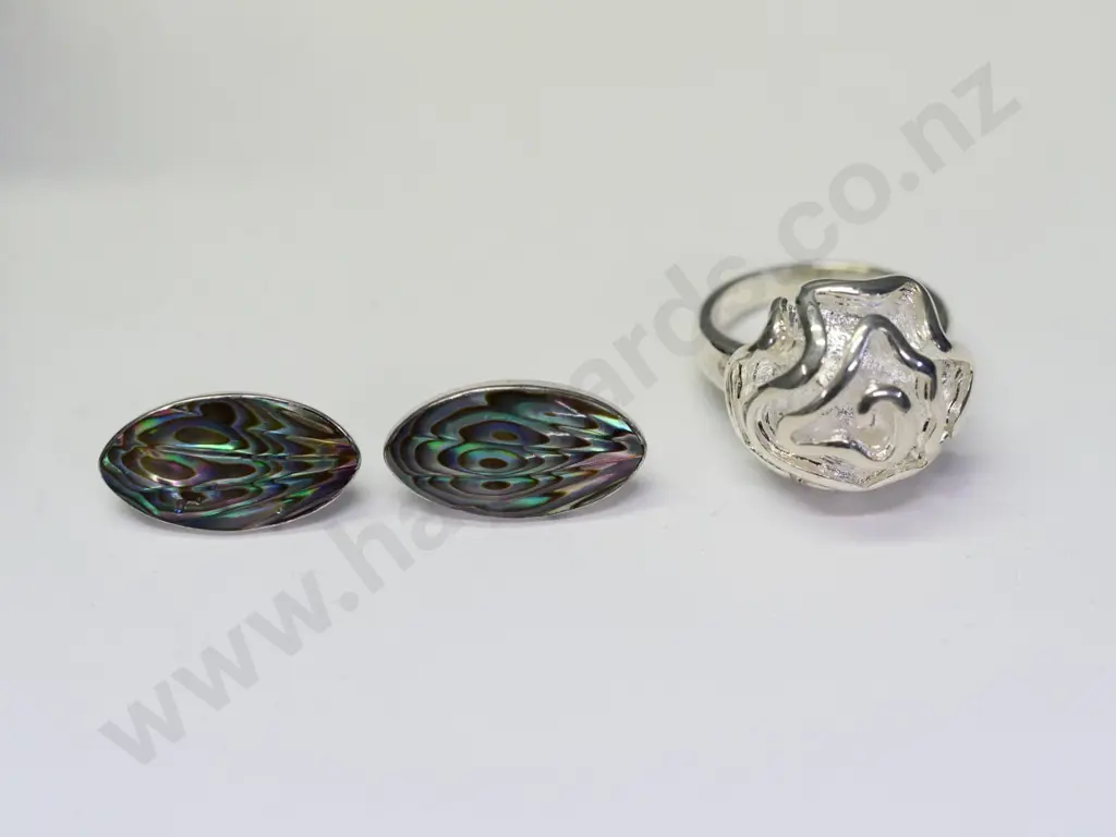 silver ring stamped 925 & pair of paua shell/silver earrings stamped stgsil Image 1++