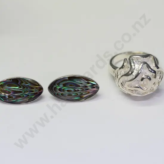 silver ring stamped 925 & pair of paua shell/silver earrings stamped stgsil