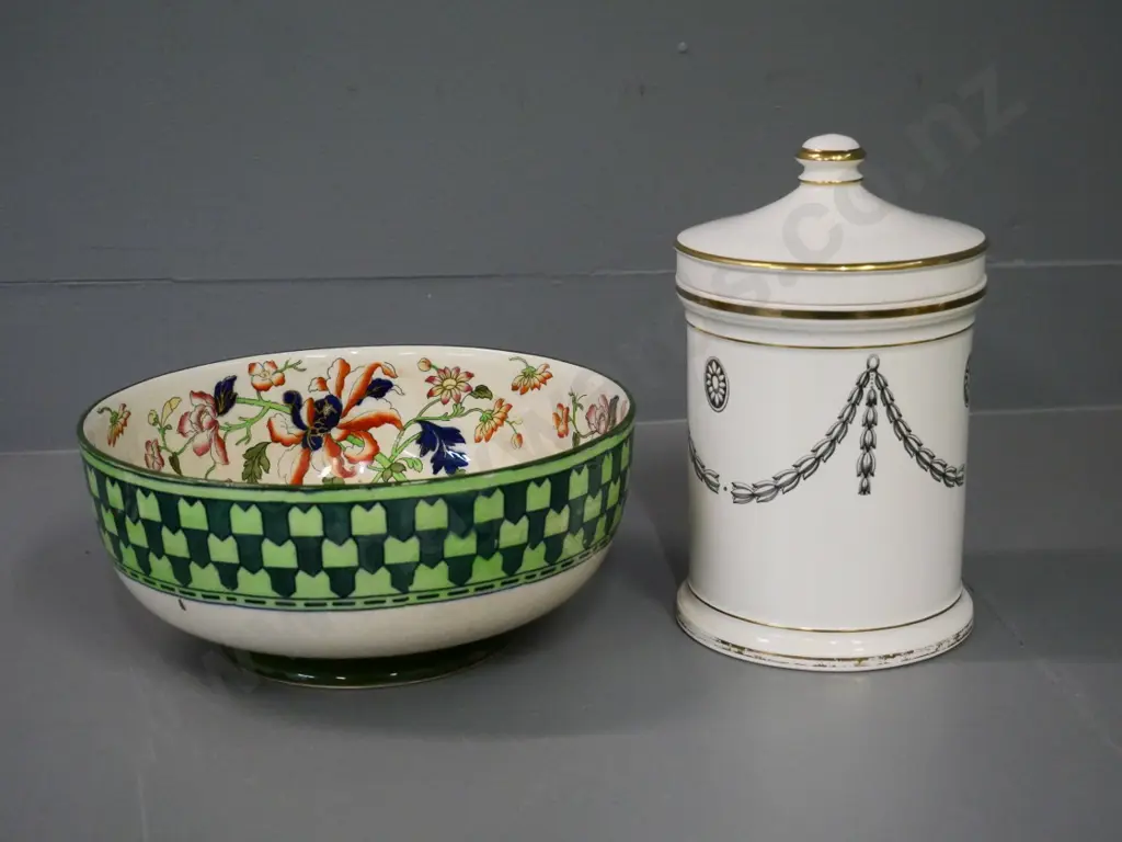 2 pieces of china - Sandland lidded canister H-220 and a Royal Doulton bowl w/some staining D-230 Image 1++