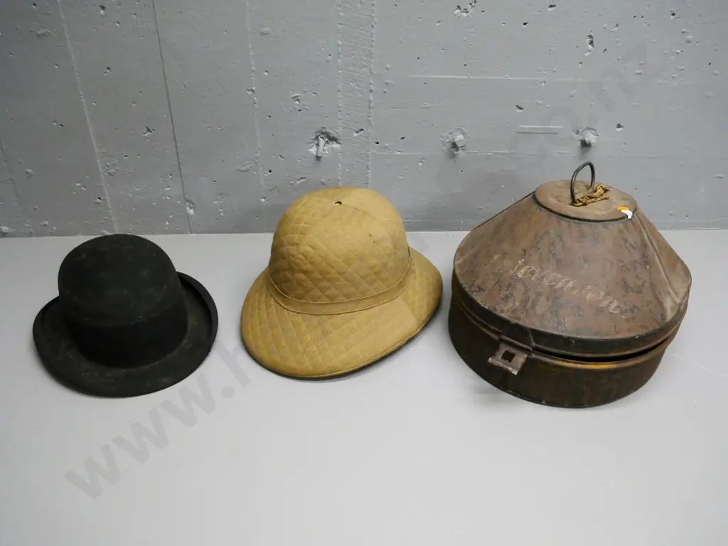 Ellwood's Air-Chamber Hat for India - with fitted metal case - and a bowler hat in spotty condition Image 1++