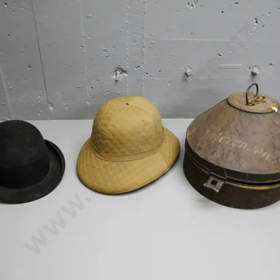 Ellwood's Air-Chamber Hat for India - with fitted metal case - and a bowler hat in spotty condition