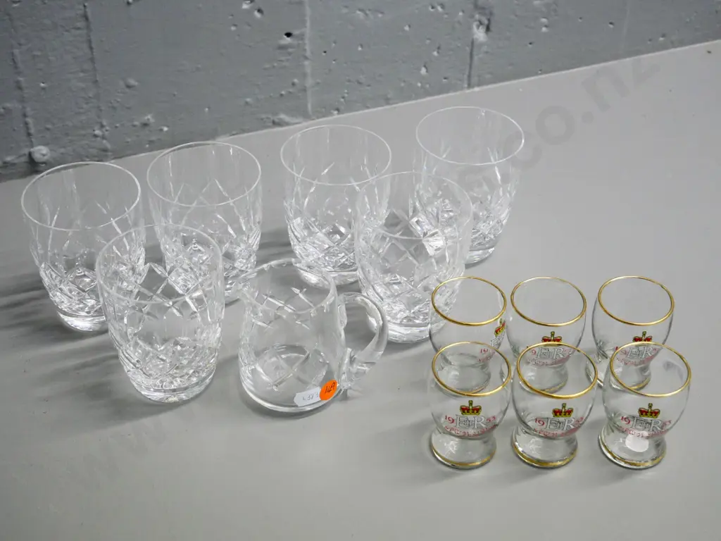 set of cut crystal tumblers and small jug and 6 1953 Royal Visit shot glasses Image 1++