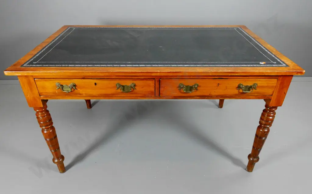 vintage kauri flat-top desk with embossed leather insert, 2 drawers, turned legs - some joints opening H720 W1370 D850 Image 1++