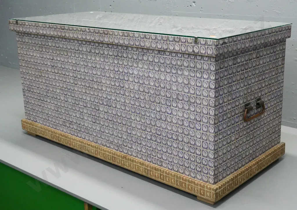 vintage storage trunk covered in Queen Elizabeth postage stamps, with metal handles & plate glass top H460 W930 D450 Image 1++