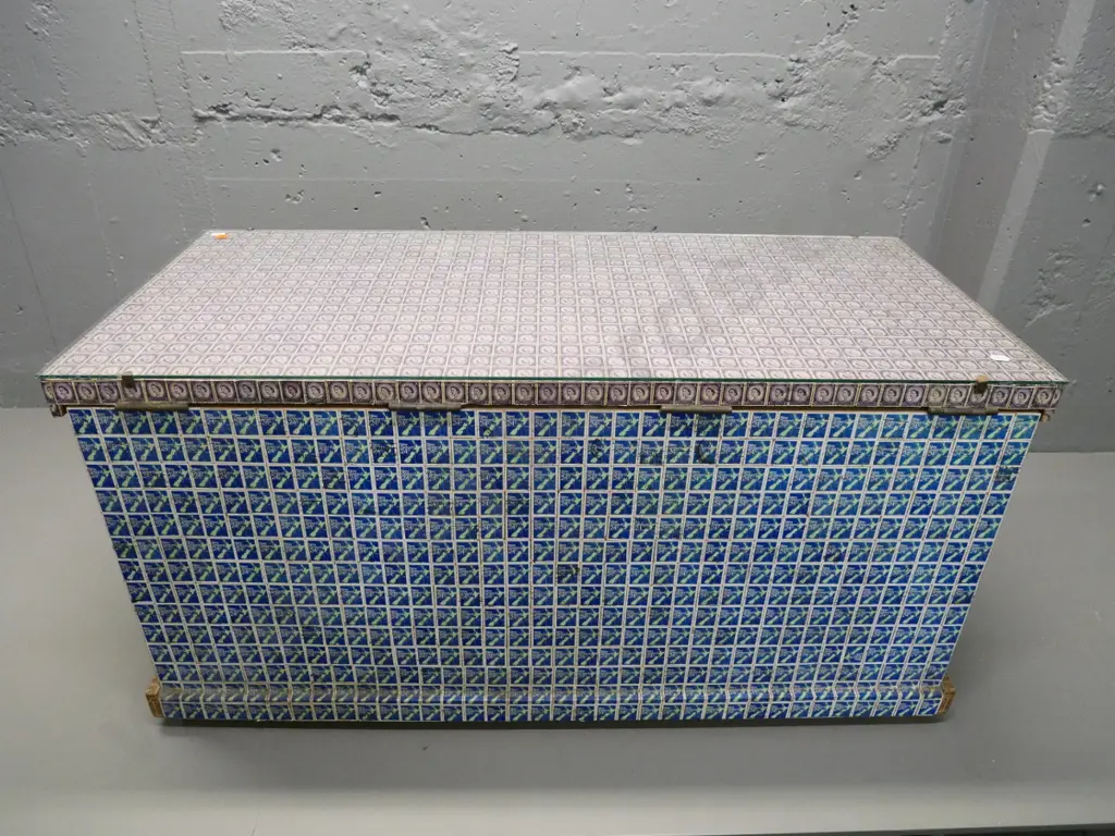 vintage storage trunk covered in Queen Elizabeth postage stamps, with metal handles & plate glass top H460 W930 D450 Image 1++