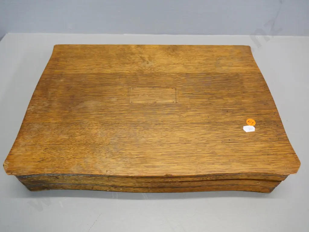 oak canteen of cutlery w/ bone-handled knives - mixed patterns, some spare knives, wear to box Image 1++