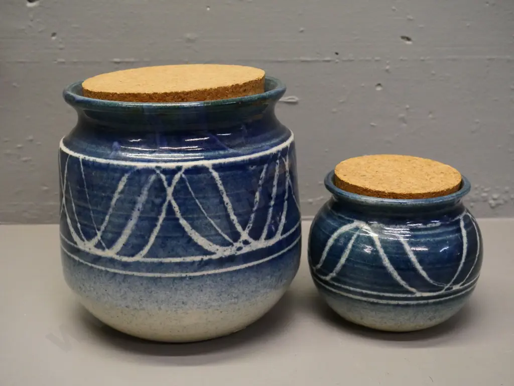 2 Danny Moorwood studio pottery storage jars with cork lids - larger is H-190 Diameter 180 Image 1++