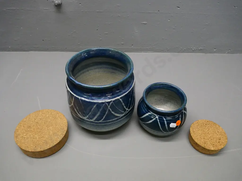2 Danny Moorwood studio pottery storage jars with cork lids - larger is H-190 Diameter 180 Image 1++