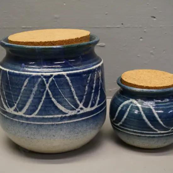 2 Danny Moorwood studio pottery storage jars with cork lids - larger is H-190 Diameter 180